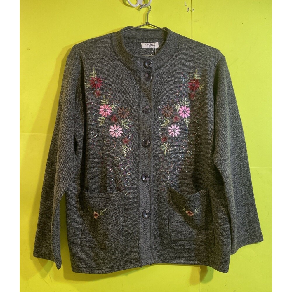 Victoria Vintage womans Sweater Size M/L Black With Stitched Flowers  Cardigan
